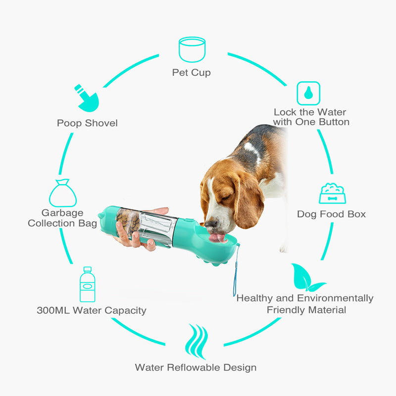 All-in-One Portable Pet Dispenser: Drink, Food, Waste, Play